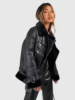 Boohoo Faux Fur Trim Aviator Jacket - Black Size 12, Women