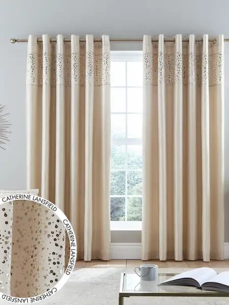 Catherine Lansfield 'Glitzy' Curtains Two Panels Natural