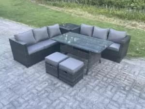 Fimous 6 Seater Outdoor Dark Grey Rattan Lounge Complete Sofa Set with Rectangular Dining Table and 2 Stools