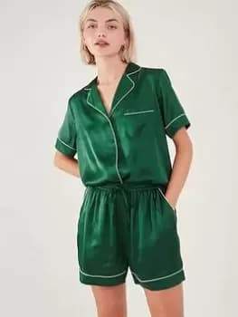 Accessorize Satin Button Down Short Set, Green, Size L, Women
