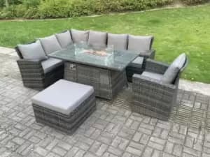 Fimous 7 Seater Outdoor Dark Grey Rattan Lounge Complete Sofa Set with Gas Fire Pit Dining Table, Heater and Big Footstool