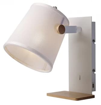 Wall Light with USB Socket, 1x23W E27, White, Beech with White Shade
