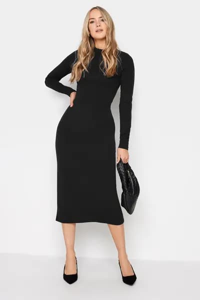 Long Tall Sally Black Neck Long Sleeve Fitted Dress, Black, Size 12, Women
