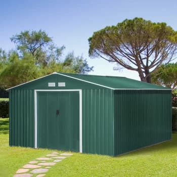 Outsunny 13ft x 11ft Outdoor Garden Roofed Metal Storage Shed Tool Box with Foundation Ventilation & Doors Deep Green