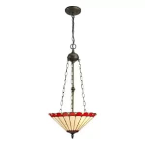 3 Light Uplighter Ceiling Pendant E27 With 40cm Tiffany Shade, Red, Crystal, Aged Antique Brass - Luminosa Lighting