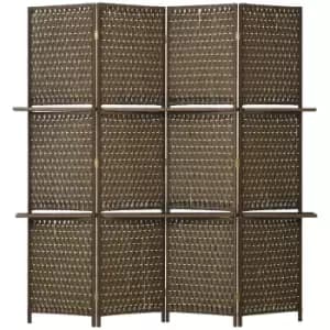 HOMCOM 4-Panel Room Dividers with Shelves, Wave Fibre Freestanding Folding Privacy Screen Panels, Partition Wall Divider for Indoor Bedroom Brown