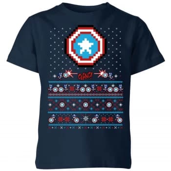 Marvel Avengers Captain America Pixel Art Kids Christmas T-Shirt - Navy - 3-4 Years - Navy