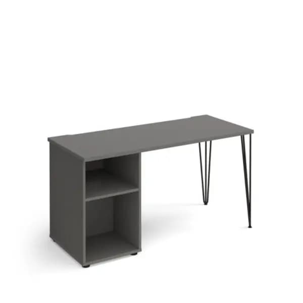 Tikal straight desk 1400mm x 600mm with hairpin leg and support pedestal - Black legs, grey top