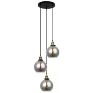 Italux Cardena - Industrial And Retro Hanging Pendant Black, Gold 3 Light with Smoky Shade, E27 Dimmable