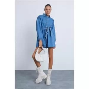 I Saw It First Mid Wash Puff Sleeve Belted Shirt Dress - Blue