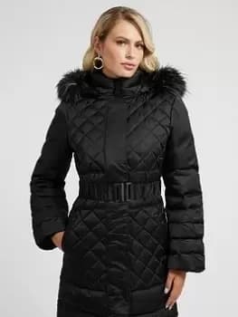 Guess Marleen Down Long Line Quilted Jacket With Belt - Black, Size S, Women