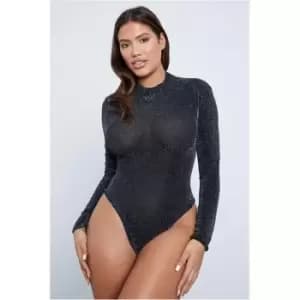 I Saw It First Black Glitter Lurex High Neck Long Sleeve Bodysuit - Black