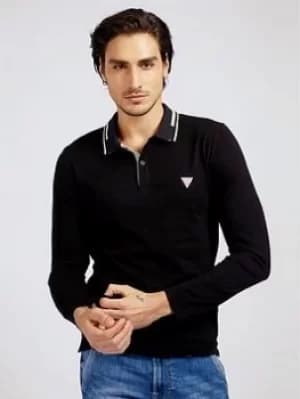 Guess Guess Jeans Classic Tipped Jersey Long Sleeve Polo Shirt, Jet Black, Size 2XL, Men