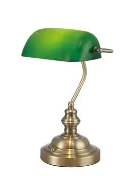Morgan Bankers Table Lamp 1 Light E27 Antique Brass, Green Glass