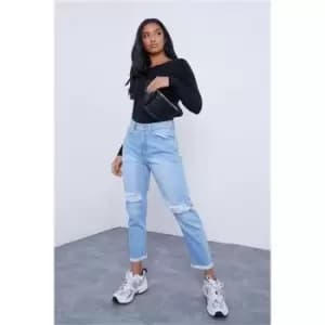 I Saw It First Light Wash Petite Basic Ripped Detail Mom Jeans With Frayed Hem - Blue