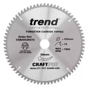 Trend CRAFTPRO Wood Cutting Mitre Saw Blade 255mm 72T 30mm