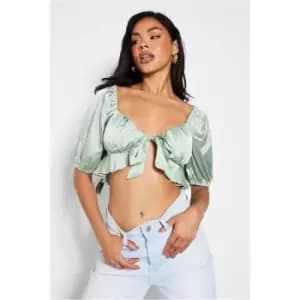 I Saw It First Sage Satin Tie Front Puff Sleeve Crop Blouse - Green