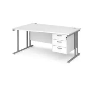 Office Desk Left Hand Wave Desk 1600mm With Pedestal White Top With Silver Frame Maestro 25 MC16WLP3SWH