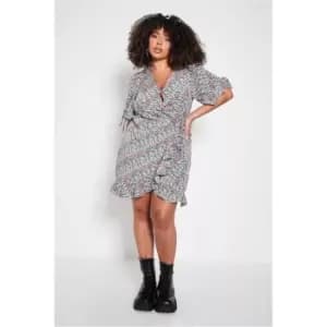 I Saw It First Cream Plus Size Woven Floral Wrap Frill Belted Tea Dress - White