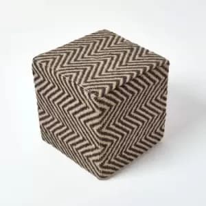 Homescapes - Black and Off-White Herringbone Jute Cube Pouffe 36 x 36 x 38cm - Black & Natural