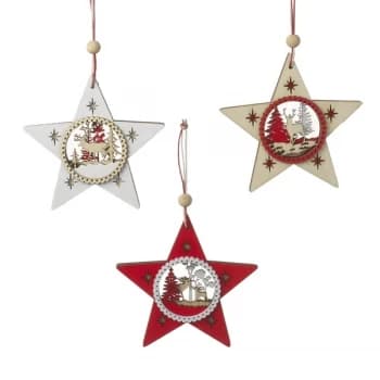 Wooden Christmas Detailed Star Hanging Decorations (Set of 3)