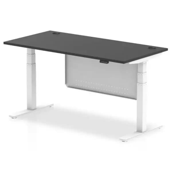 Air Black Series 1600 x 800mm Height Adjustable Desk Black Top with Cable Ports White Leg With White Steel Modesty Panel