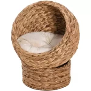 Pawhut - Elevated Kitten Hooded Rattan Cat House Basket Cushion, 42x33x52cm Brown