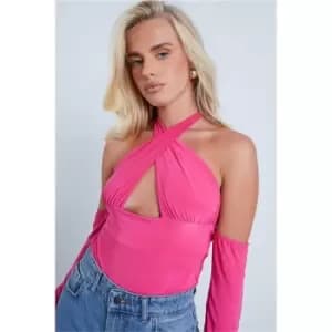 I Saw It First Hot Pink Halterneck Bardot Bodysuit - Pink