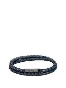 BOSS Gents BOSS Ares Navy Blue Double Wrap Leather Bracelet, Blue, Men