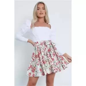 I Saw It First Red Floral Printed Tie Waist Skater Skirt - Red