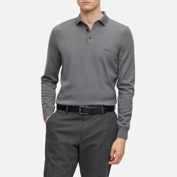 BOSS Black Logo-Embroidered Virgin Wool Polo Jumper - M