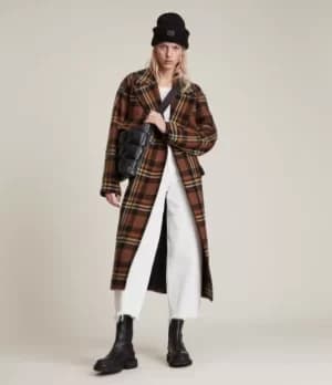 AllSaints Womens Bree Check Wool Blend Coat, Brown/Black, Size: 14