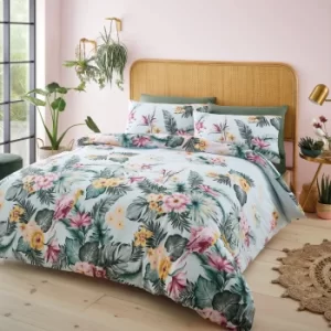 Catherine Lansfield Tropical Floral Duvet Cover and Pillowcase Set Blue