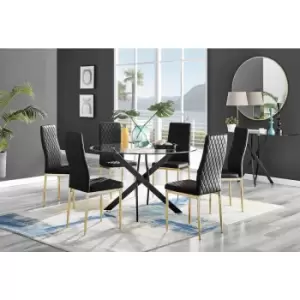 Furniturebox UK - Furniturebox Novara Black Leg 120cm Round Glass Dining Table & 6 Black Milan Velvet Dining Chairs With Gold Legs Diamond Stitch