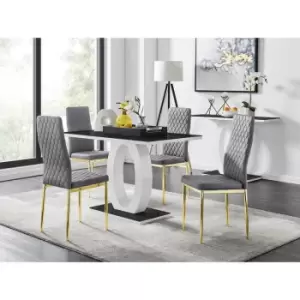 Furniturebox UK - Furniturebox Giovani 4 Black Dining Table & 4 Grey Milan Velvet Dining Chairs With Gold Legs Diamond Stitch Modern Contemporary