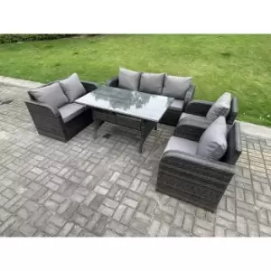 Fimous 7 Seater Outdoor Dark Grey Wicker Rattan Lounge Complete Sofa Set with Reclining Chair and Rectangular Dining Table