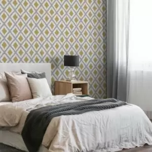 Fresco - Ikat Geometric Ochre Wallpaper - Green