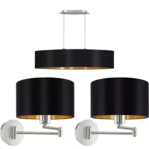 Linear Ceiling Pendant & 2x Matching Wall Lights Black Gold Dining Feature Lamp