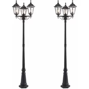 Loops - 2 pack Outdoor Lantern Lamp Post Matt Black & Glass 2.3m Tall 3 Light Bollard