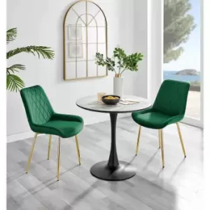 Furniture Box Elina White Marble Effect Round Dining Table and 2 Green Pesaro Gold Leg Chairs