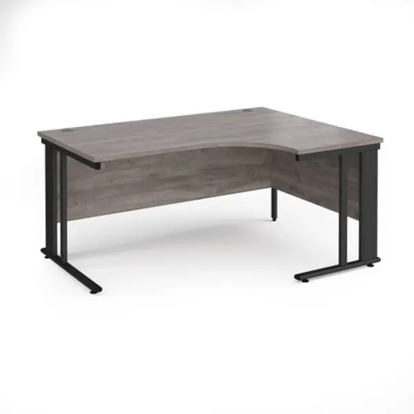 Maestro 25 right hand ergonomic desk 1600mm wide - Black cable managed leg frame, grey oak top