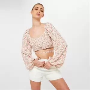 Missguided Floral Print Shirred Crop Top - White