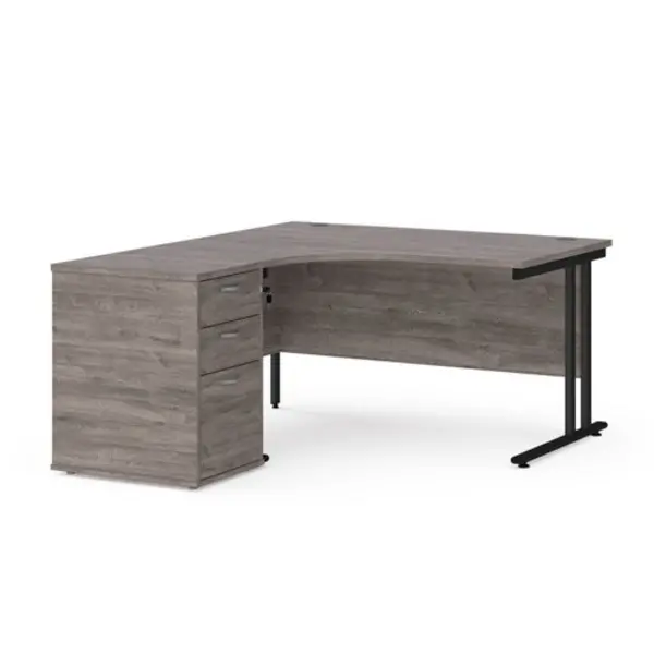 Maestro 25 left hand ergonomic desk 1400mm with Black cantilever frame and desk high pedestal - grey oak