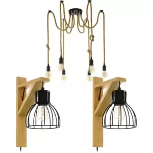 Ceiling Pendant Light & 2x Matching Wall Lights Black & Rope Multi Bulb Spider