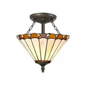 Luminosalighting - Luminosa Lighting - 2 Light Semi Flush Ceiling E27 With 30cm Tiffany Shade, Amber, Crystal, Aged Antique Brass