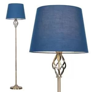 Memphis Antique Brass Floor Lamp with Navy Blue Aspen Shade