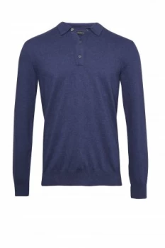 Mens French Connection Stretch Cotton Long Sleeve Polo Shirt Melange Blue