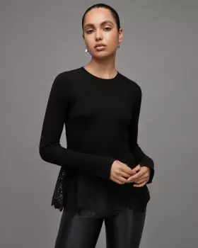 AllSaints Milly Ribbed Wool Cashmere Lace Hem Top