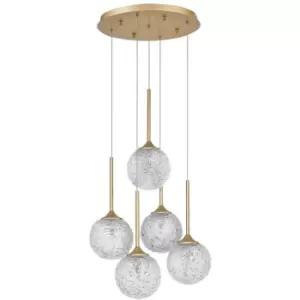 Merano - Concord 5 Light Cluster Pendant Ceiling Light Clear Structured Glass, Brushed Gold Steel LED G9 IP20