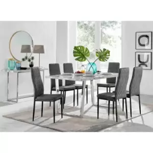 Furniture Box Kylo White Marble Effect Dining Table and 6 Grey Velvet Milan Black Leg Chairs